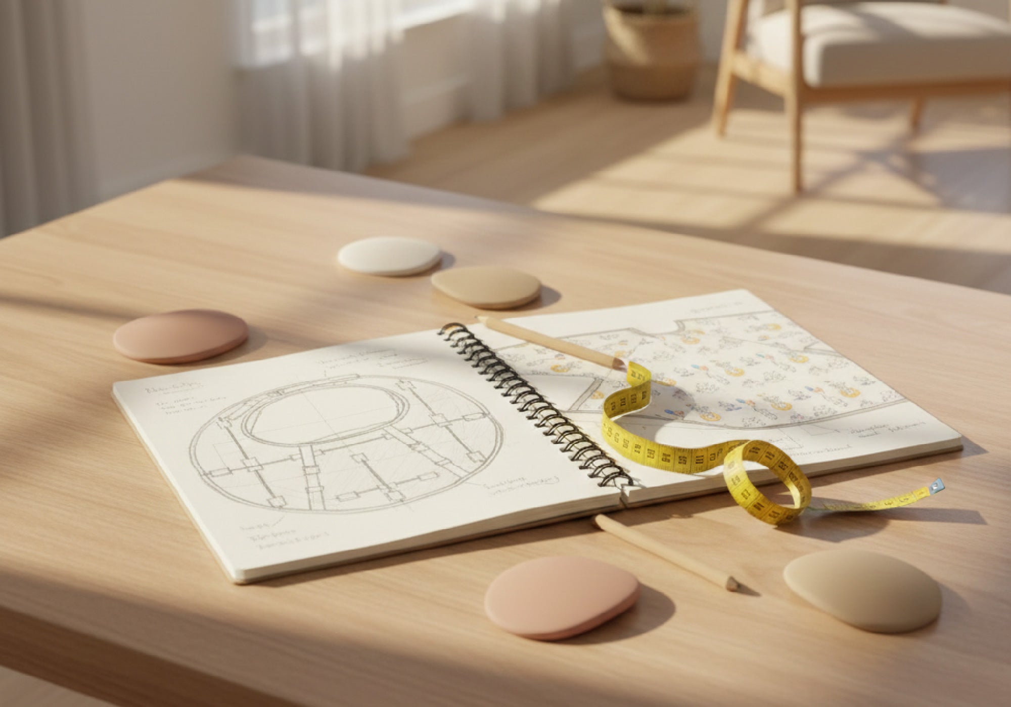 Designer's notebook with technical drawings of the circular BIBATRAY and baby bib next to beige material samples in a bright, modern home setting. | Carnet de design avec dessins techniques du plateau circulaire BIBATRAY et bavoir pour bébé à côté d'échantillons de matières dans un intérieur moderne et lumineux.