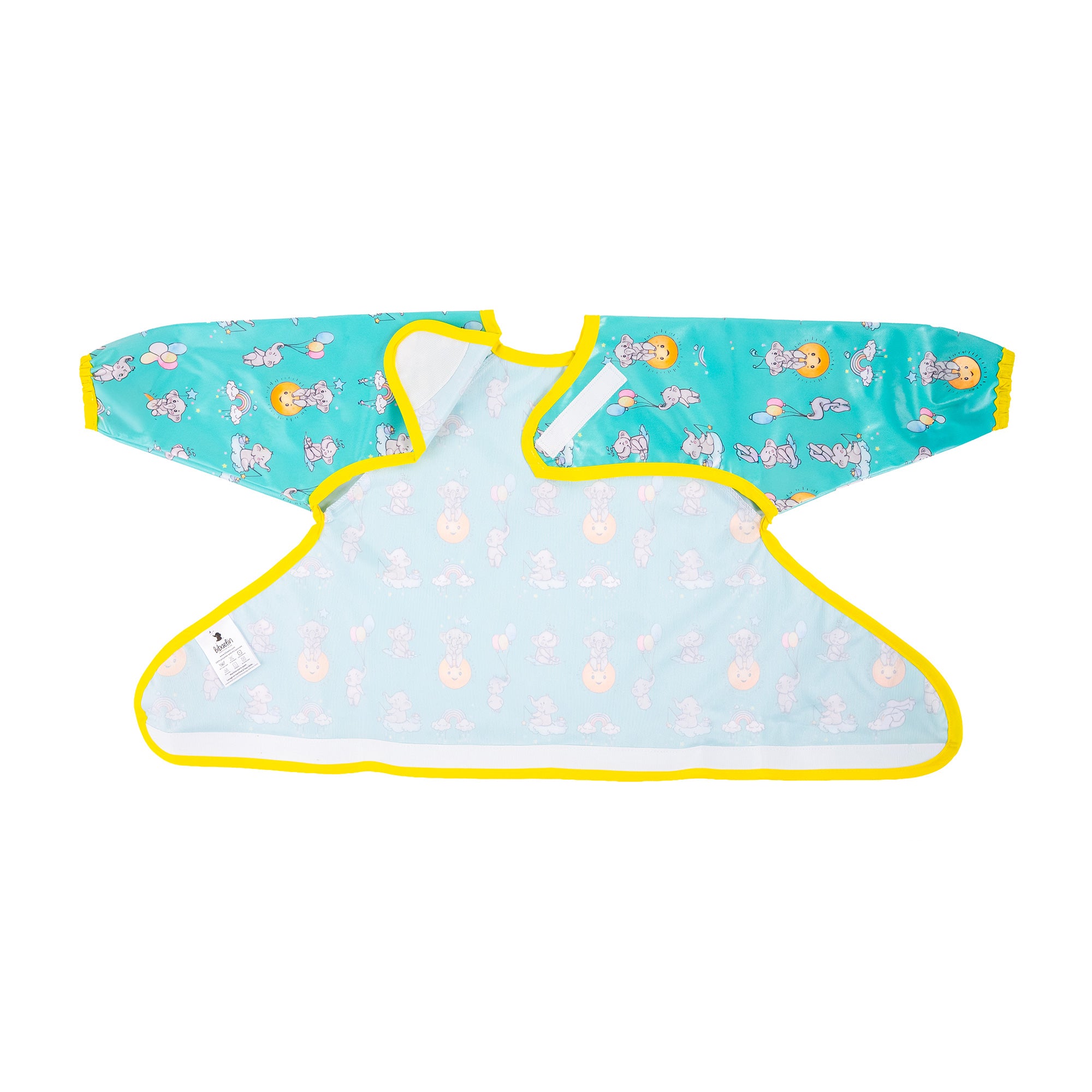 Vue à plat du dos du bavoir de rechange bleu-vert avec fixations universelles. | Flat back view of the teal replacement bib with universal attachments.