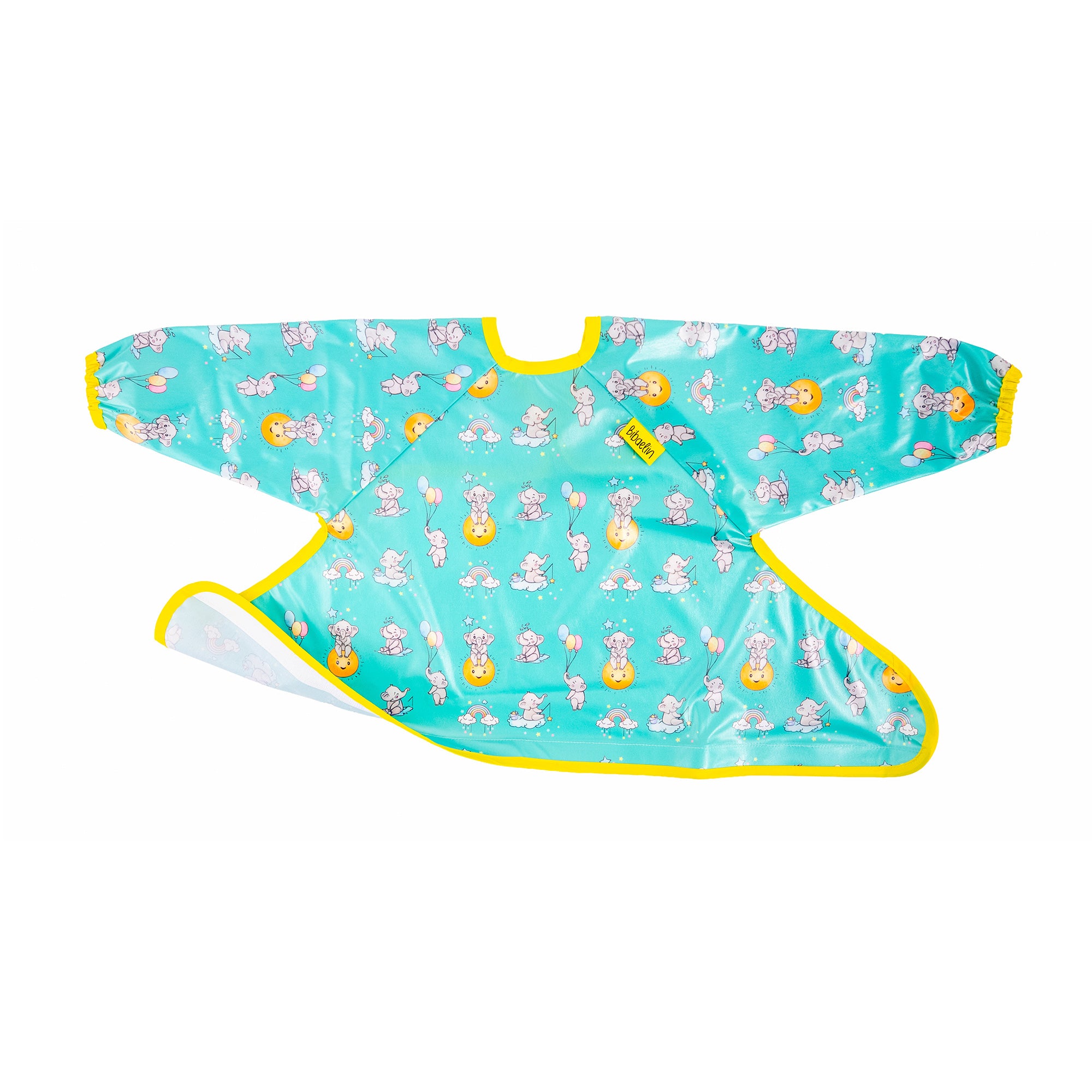 Vue à plat de face du bavoir de rechange bleu-vert avec motifs éléphants Bibaelin. | Flat front view of the teal replacement bib with Bibaelin elephant patterns.