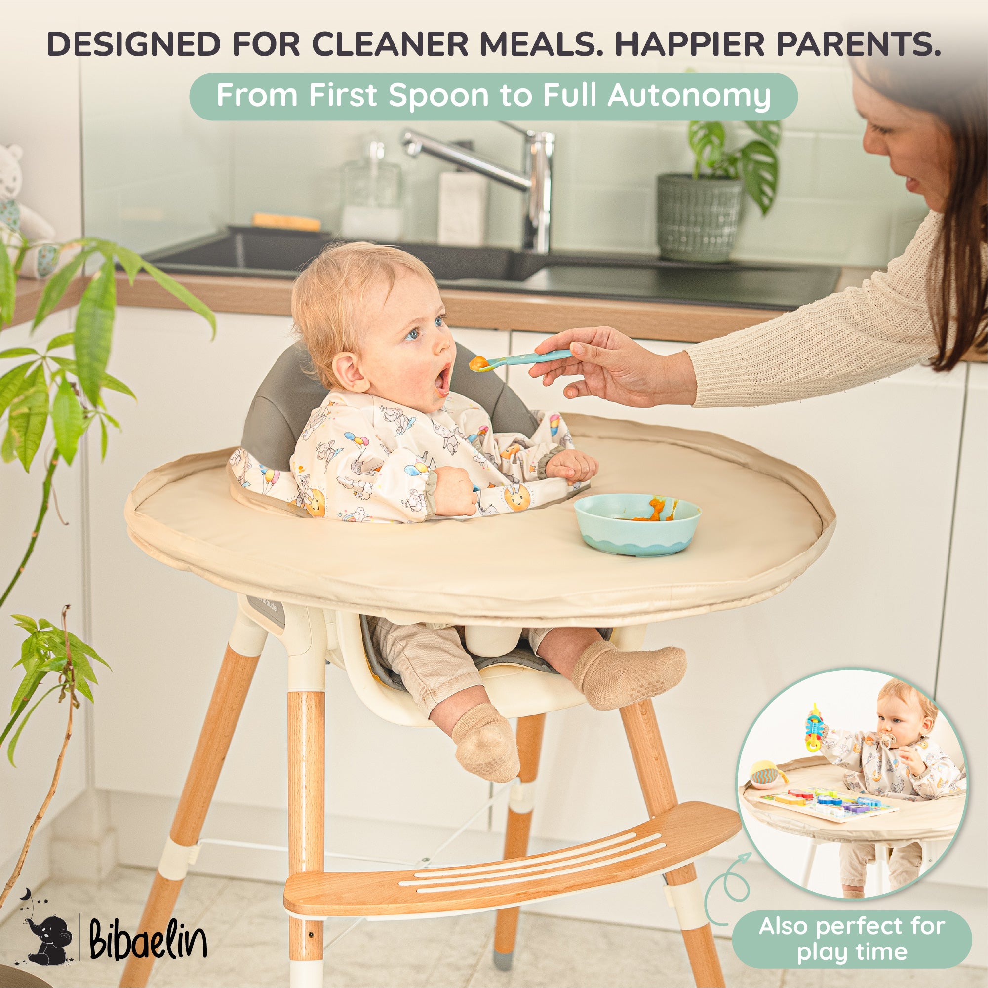 Infographie montrant l'usage du kit Bibaélin pour le repas et le temps de jeu - Infographic showing Bibaélin kit for meals and playtime.