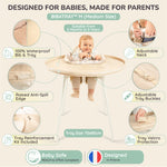 Infographic showing Bibatray features: waterproof, adjustable neck, and anti-spill edge. | Infographie présentant les caractéristiques : imperméable, cou réglable et bord anti-débordement.