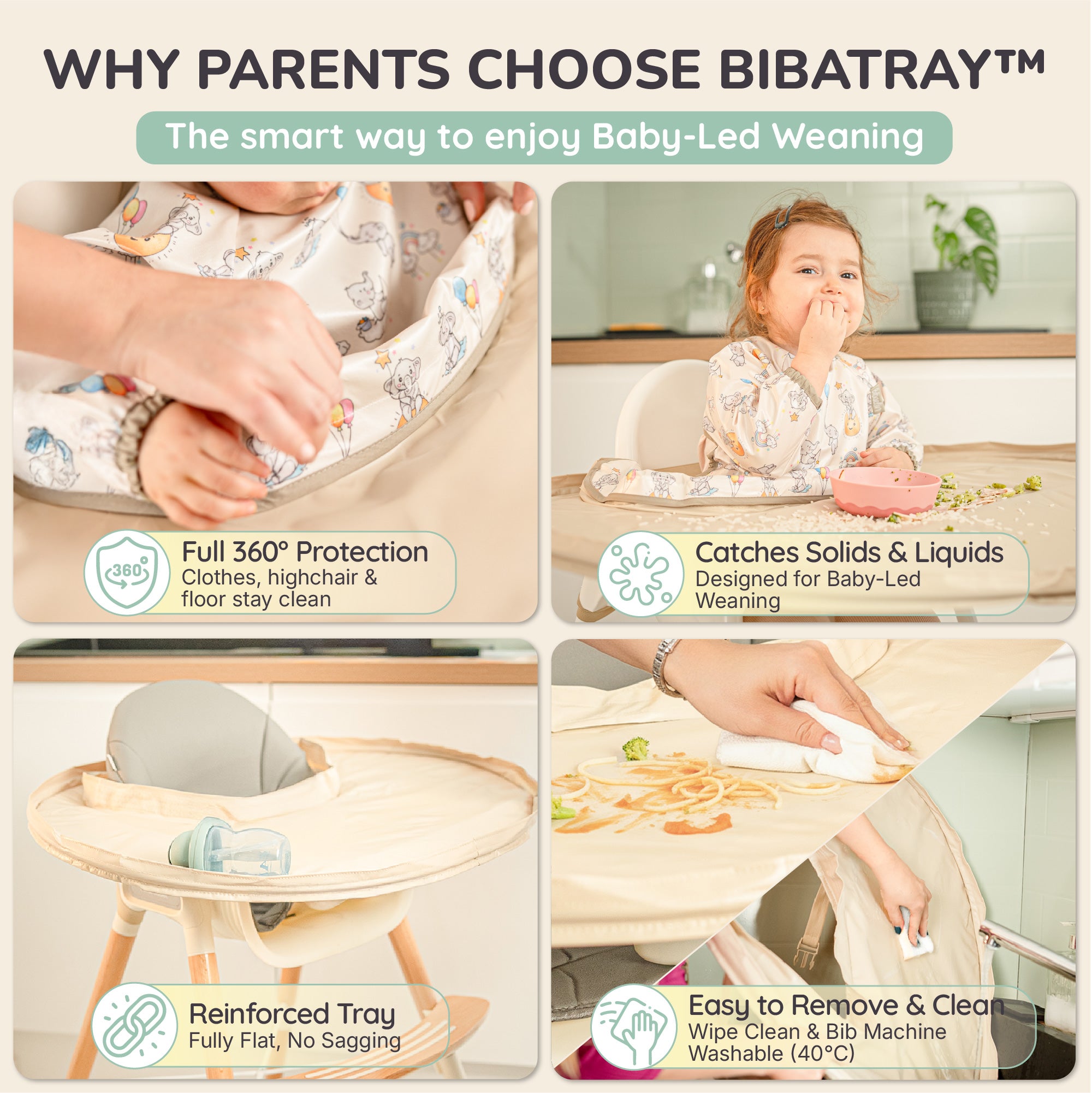 Infographie des avantages Bibaelin : protection 360°, anti-affaissement et nettoyage facile | Bibaelin features: 360 protection and easy cleaning.