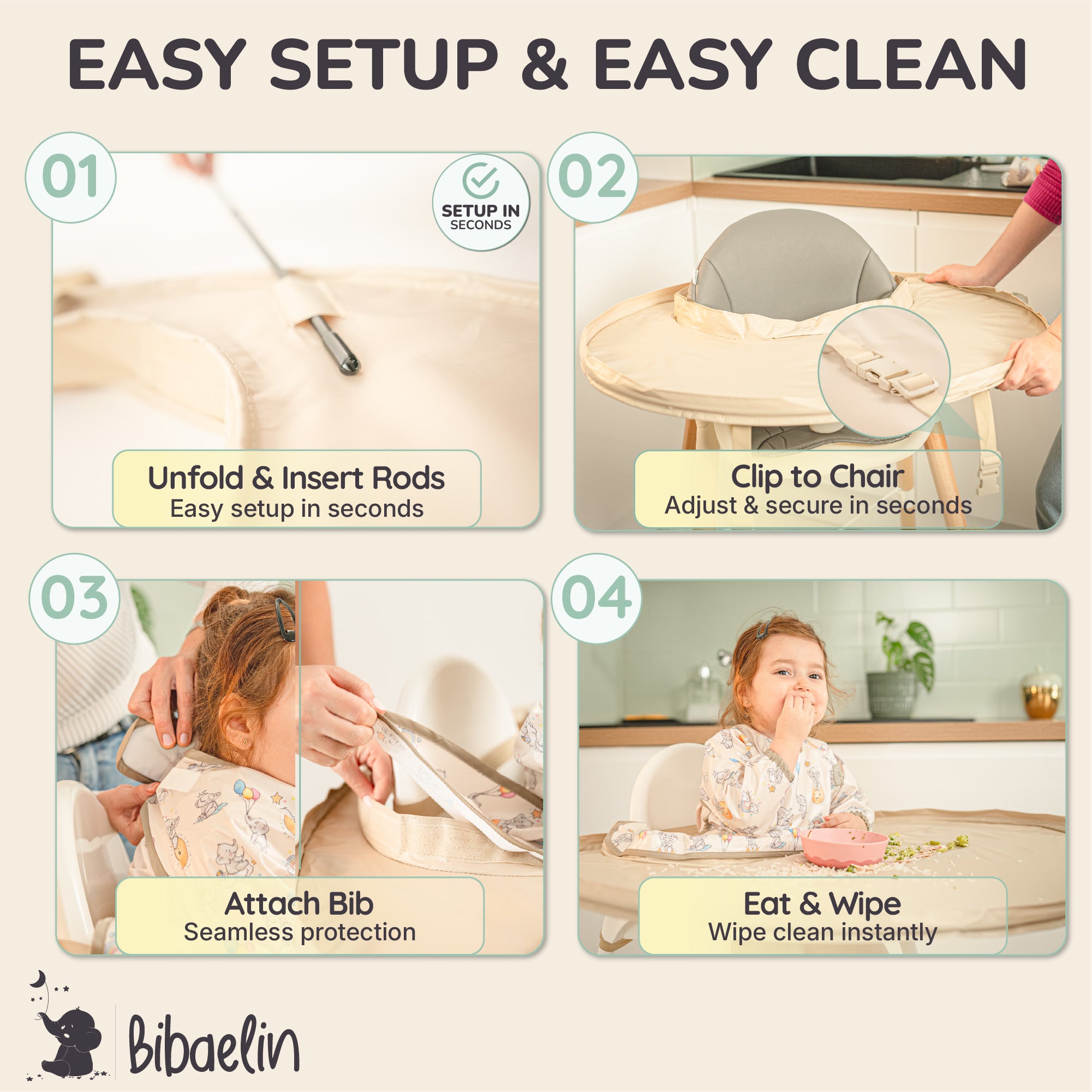 Guide rapide : installation en quelques secondes et nettoyage d'un coup de lavette | Quick guide: setup in seconds and easy wipe cleaning.