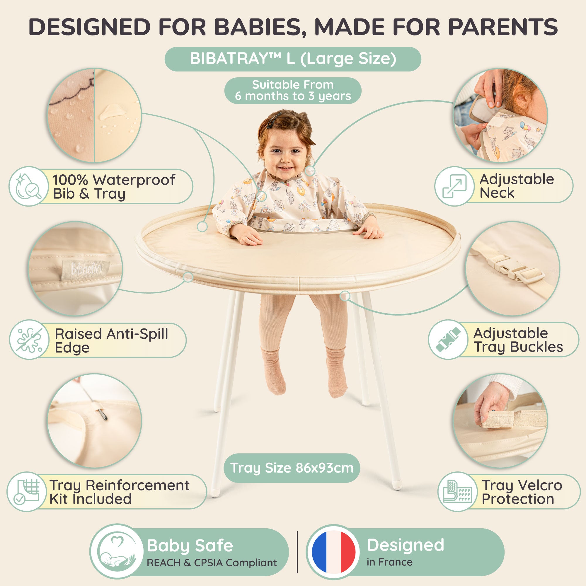 Spécifications techniques du Bibatray-L (86x93cm) : sans danger pour bébé, conçu en France et ajustable | Technical specs of Bibatray-L: baby safe and French design.