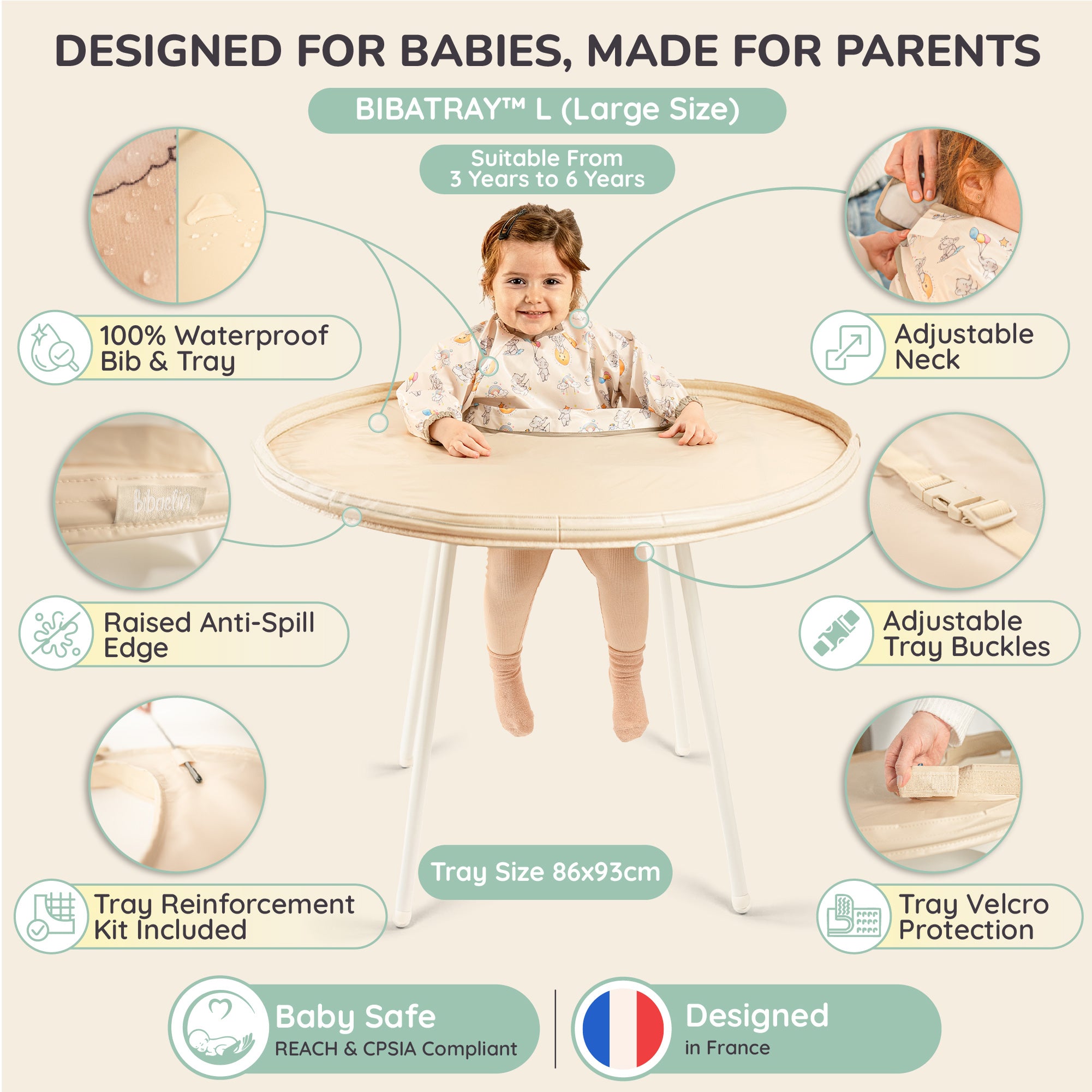 Spécifications techniques du Bibatray-L (86x93cm) : sans danger pour bébé, conçu en France et ajustable | Technical specs of Bibatray-L: baby safe and French design.