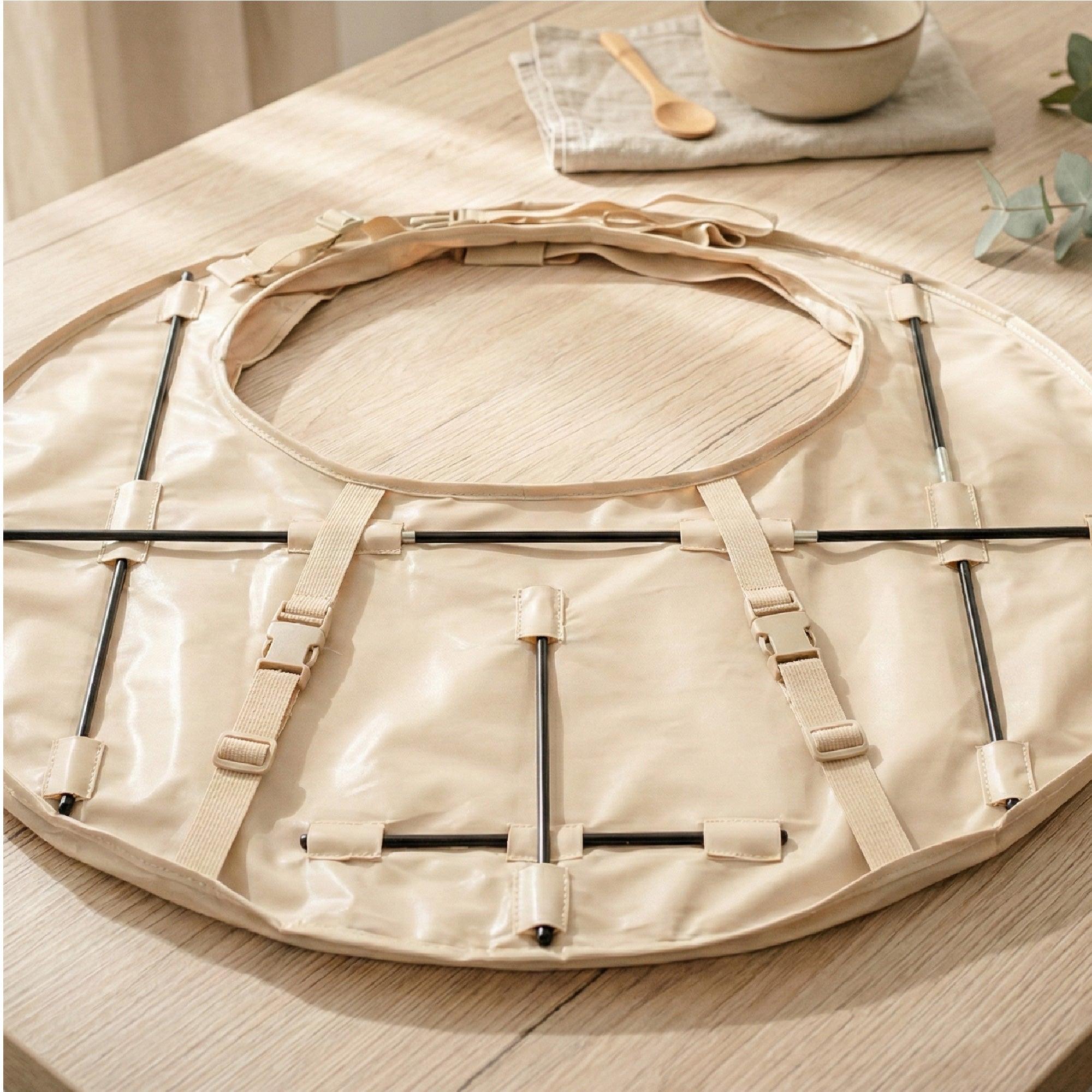 Underside view of the baby tray showing the reinforcement kit and adjustable buckles. | Vue du dessous du plateau montrant le kit de renforcement et les boucles réglables.