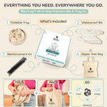 Contenu complet du pack Bibatray-M : plateau, bavoir, renforts et sac - Full content of Bibatray-M kit: tray, bib, reinforcement and bag.