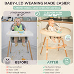 Comparaison avant/après : chaise haute classique vs protection Bibatray-M | Before and after comparison: standard high chair vs Bibatray-M.