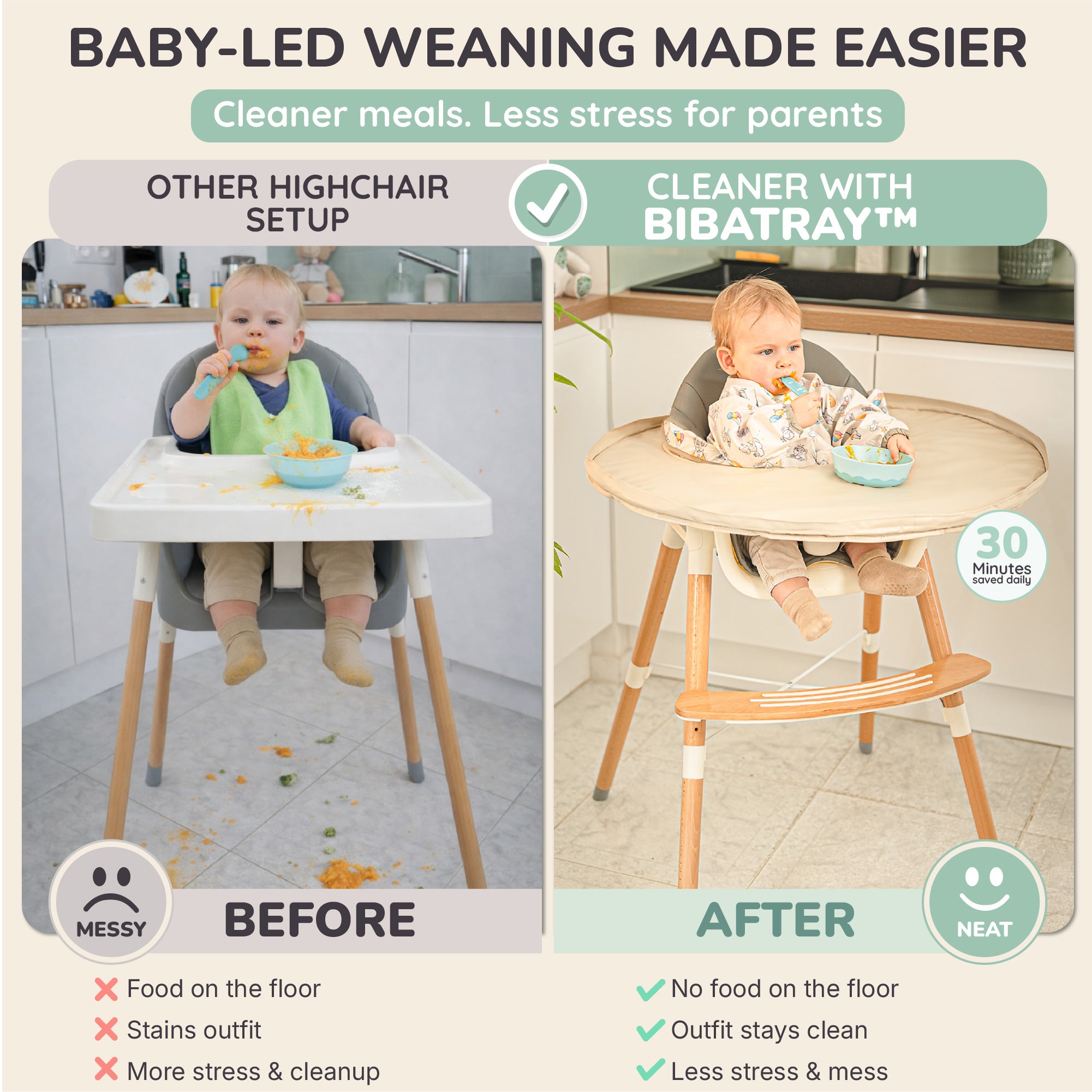 Comparaison avant/après : chaise haute classique vs protection Bibatray-M | Before and after comparison: standard high chair vs Bibatray-M.
