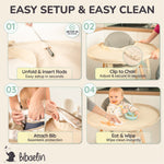 Guide d'installation en 4 étapes : insérer les tiges, fixer à la chaise, attacher le bavoir et nettoyer | 4-step setup guide: insert rods, clip to chair, attach bib, and wipe clean.