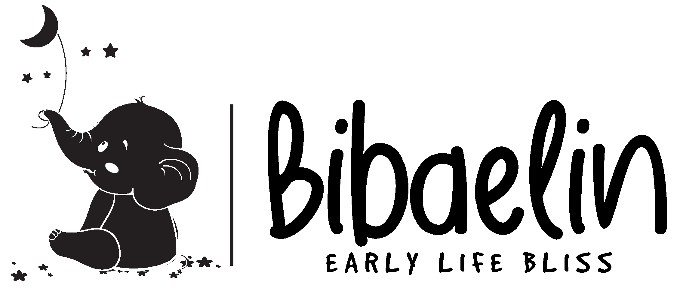 Mascotte Bibaelin : Illustration d'un petit éléphant avec lune et étoiles. | Bibaelin mascot: Illustration of a baby elephant with moon and stars.